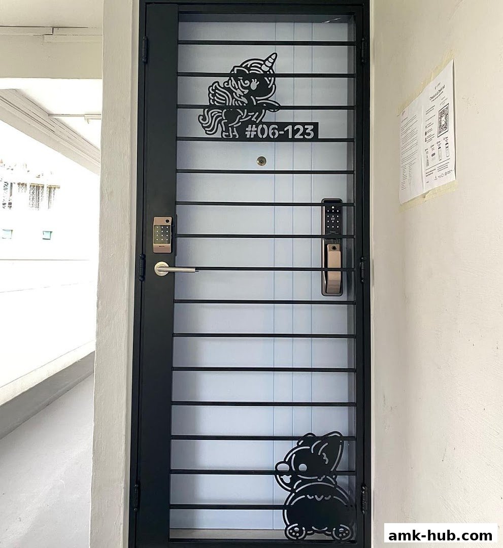 A black metal gate with digital locks and cute unicorn and elephant designs.