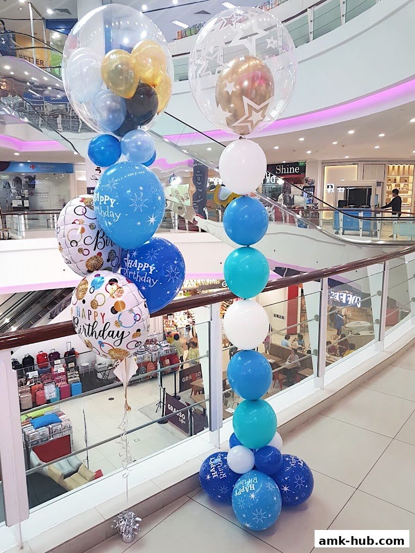 A festive balloon display with 'Happy Birthday' messages in a shopping mall.