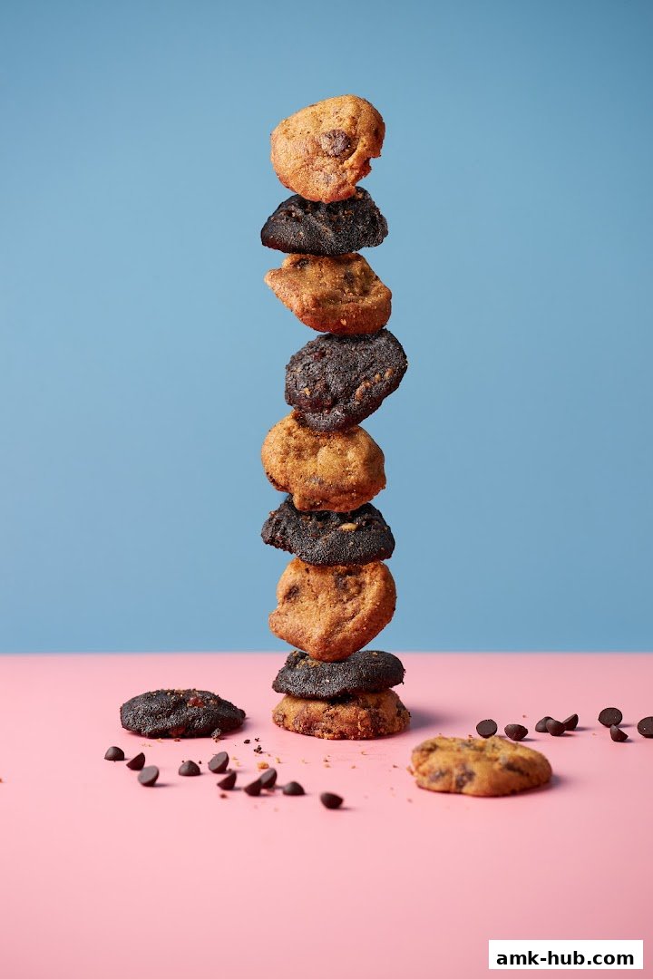 A tall stack of chocolate chip cookies with some scattered around.