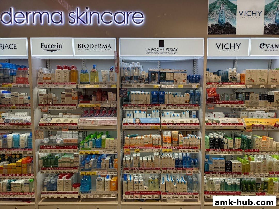 Shelves stocked with various derma skincare products from brands like Vichy, Eucerin, Bioderma, and La Roche-Posay.