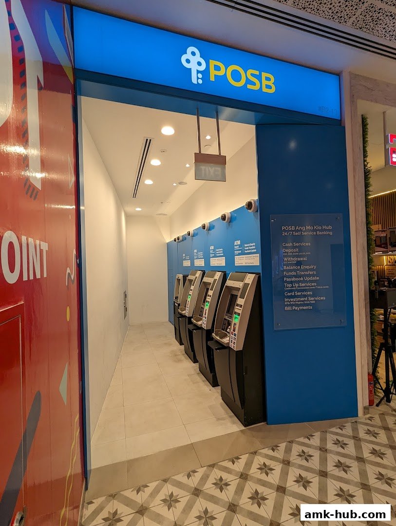 POSB ATM service area with multiple ATMs and a list of banking services.