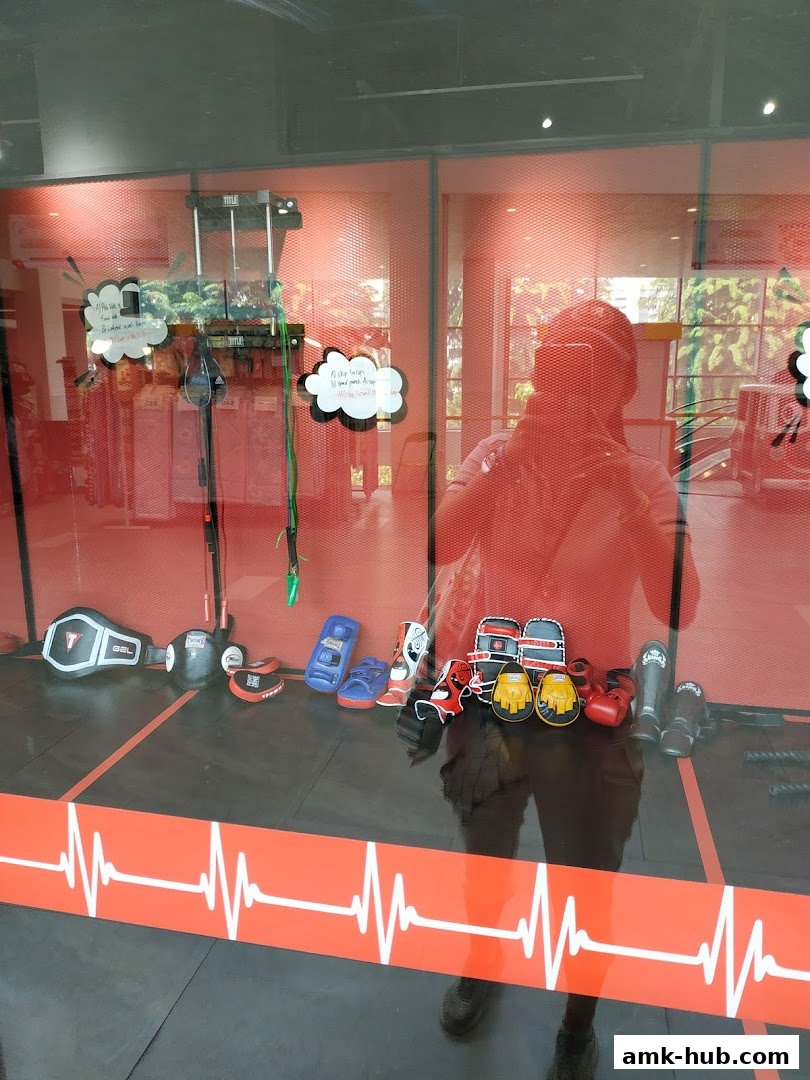 A reflection in a shop window shows boxing equipment and a person inside a gym.