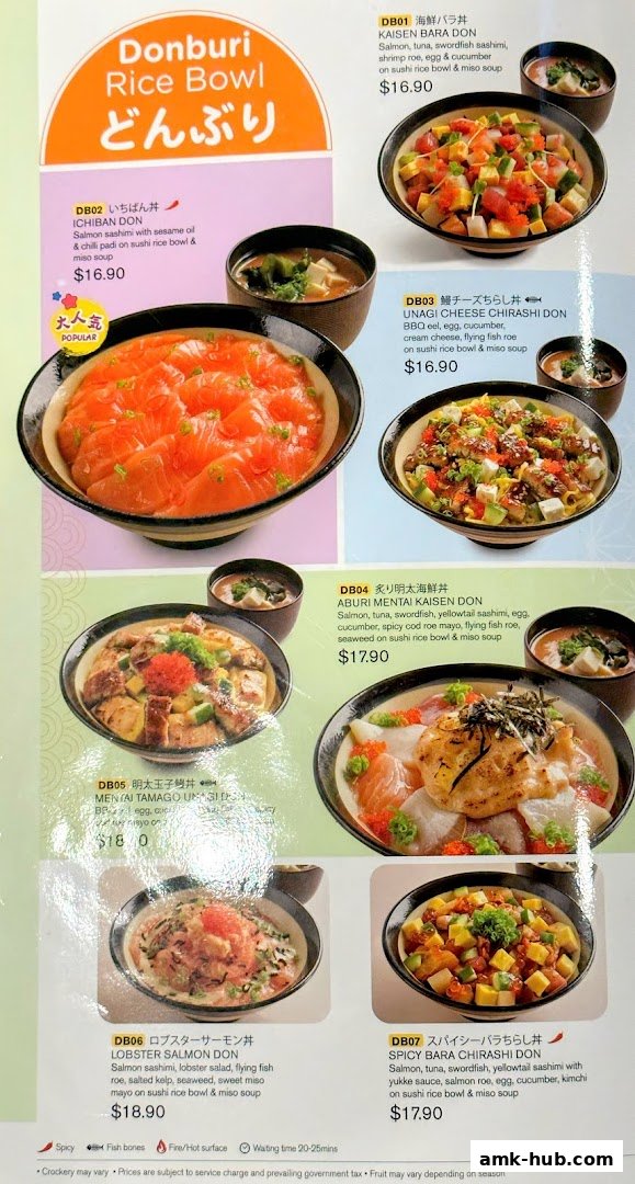 A menu showcasing various Donburi Rice Bowls with colorful ingredients and prices.