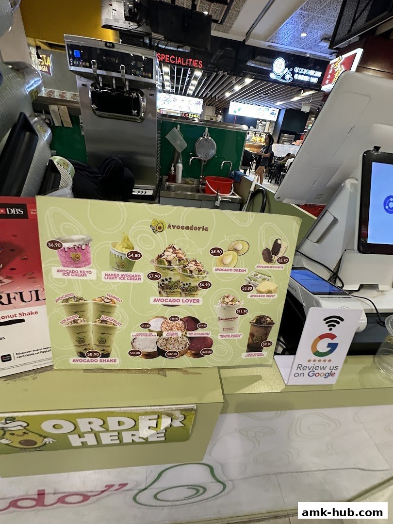 A menu board for Avocadoria, showcasing various avocado-based drinks and desserts.