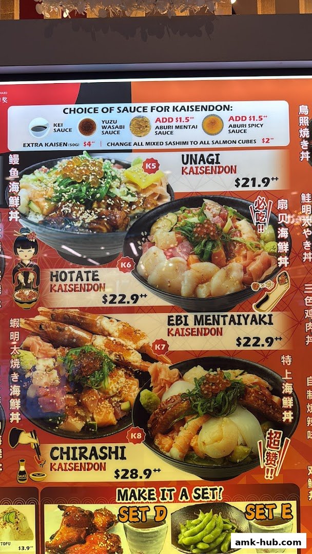 A menu board displaying various Kaisendon dishes with prices and sauce options.
