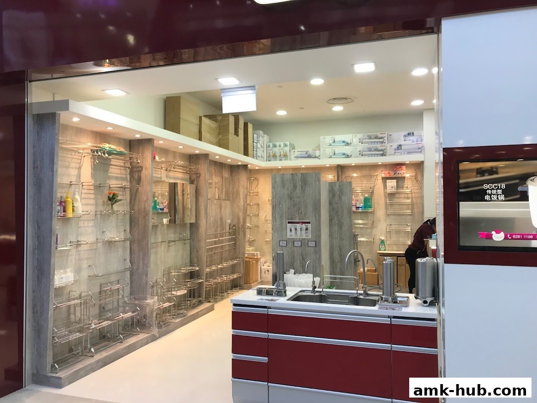 A well-lit shop interior showcasing various kitchen and bathroom storage solutions and appliances.