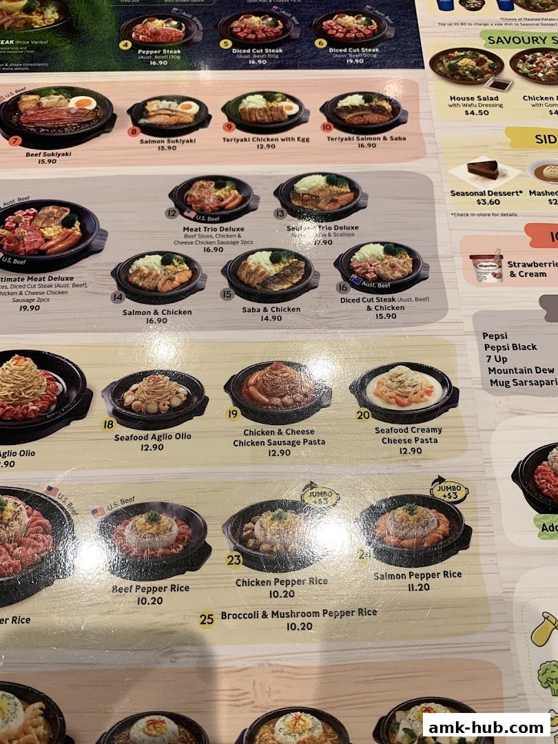 A menu from Pepper Lunch showcasing various sizzling steak and rice dishes.