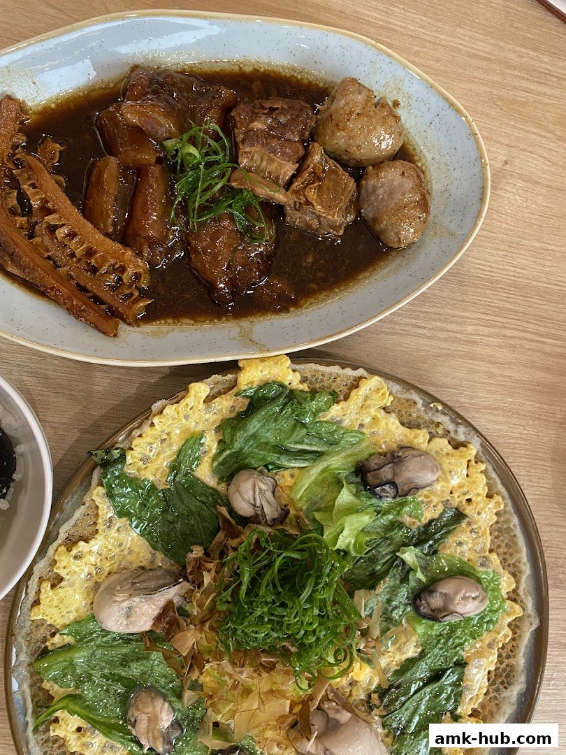Two plates of delicious food, one with braised meat and meatballs, the other with an oyster omelet.