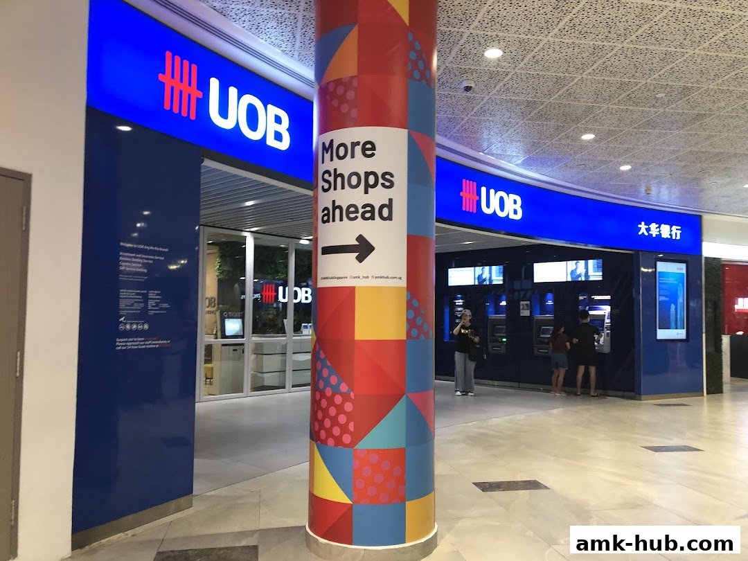 UOB bank branch with ATMs and signage in a shopping mall.