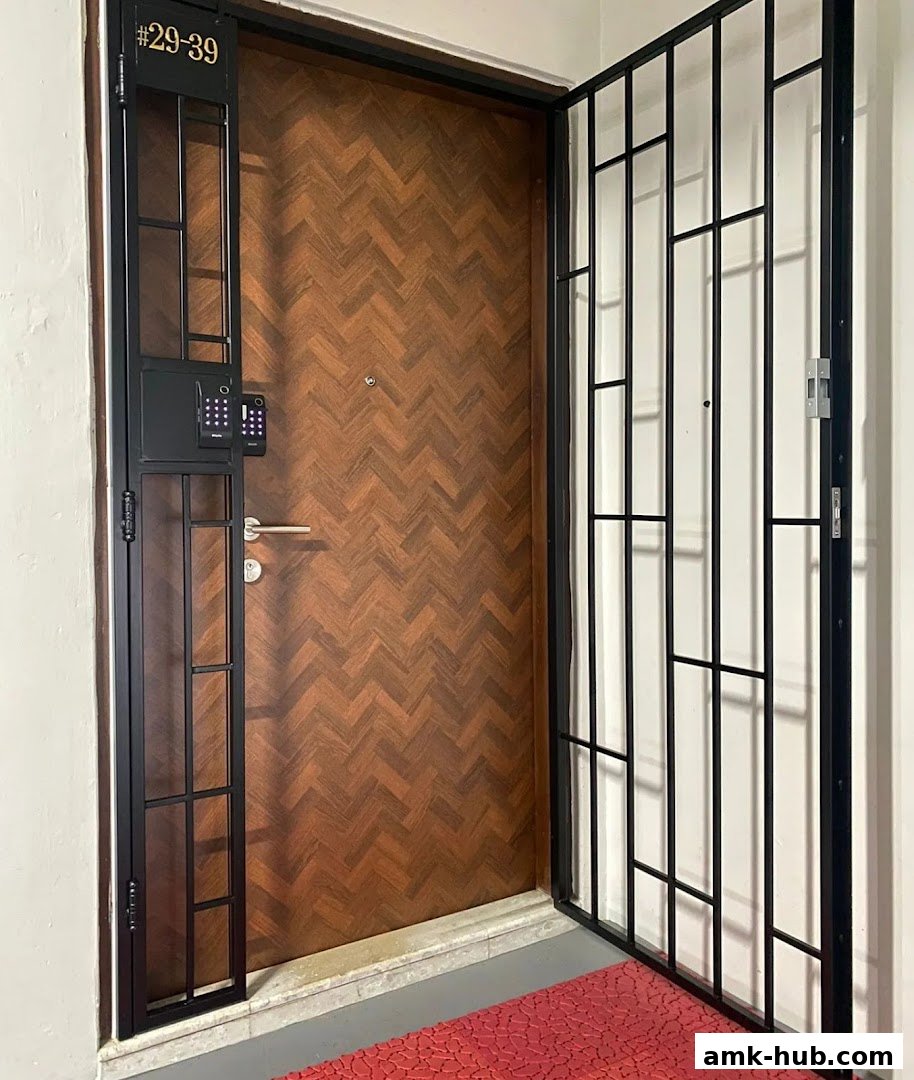 A wooden door with a digital lock and a metal gate in front of it.