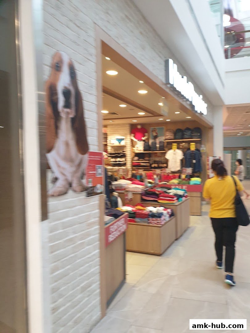 The Hush Puppies store entrance with clothing displays and a Basset Hound image.
