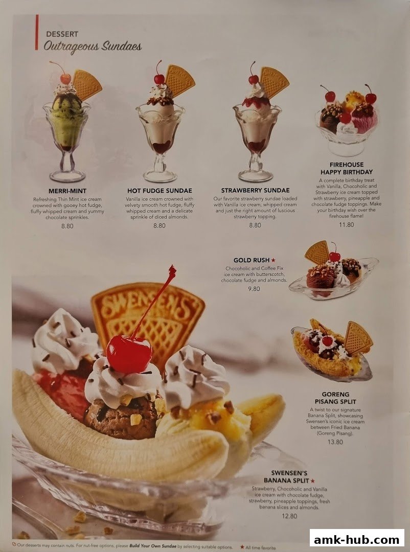 A menu page showcasing various outrageous sundaes and banana splits from Swensen's.