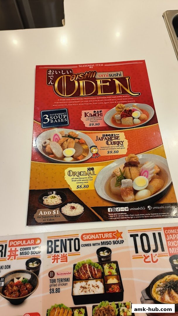 A menu from umisushi featuring Oden dishes, bentos, and other Japanese cuisine.