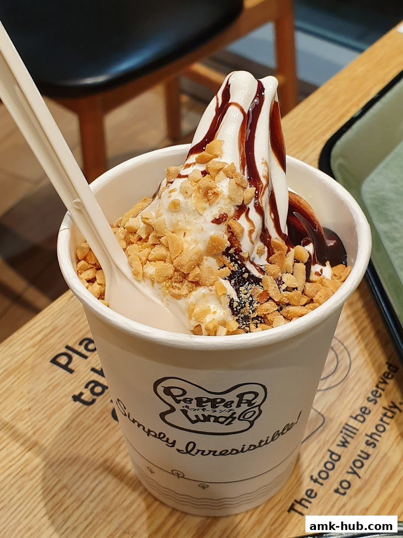 A close-up of a Pepper Lunch dessert with soft serve ice cream, chocolate sauce, and peanuts.