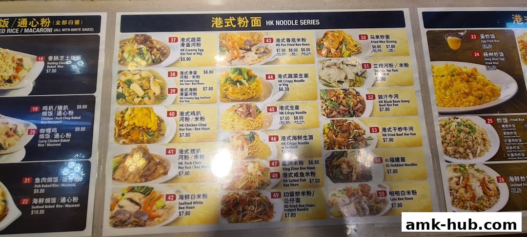 A menu board displaying various Hong Kong-style noodle and rice dishes with prices.