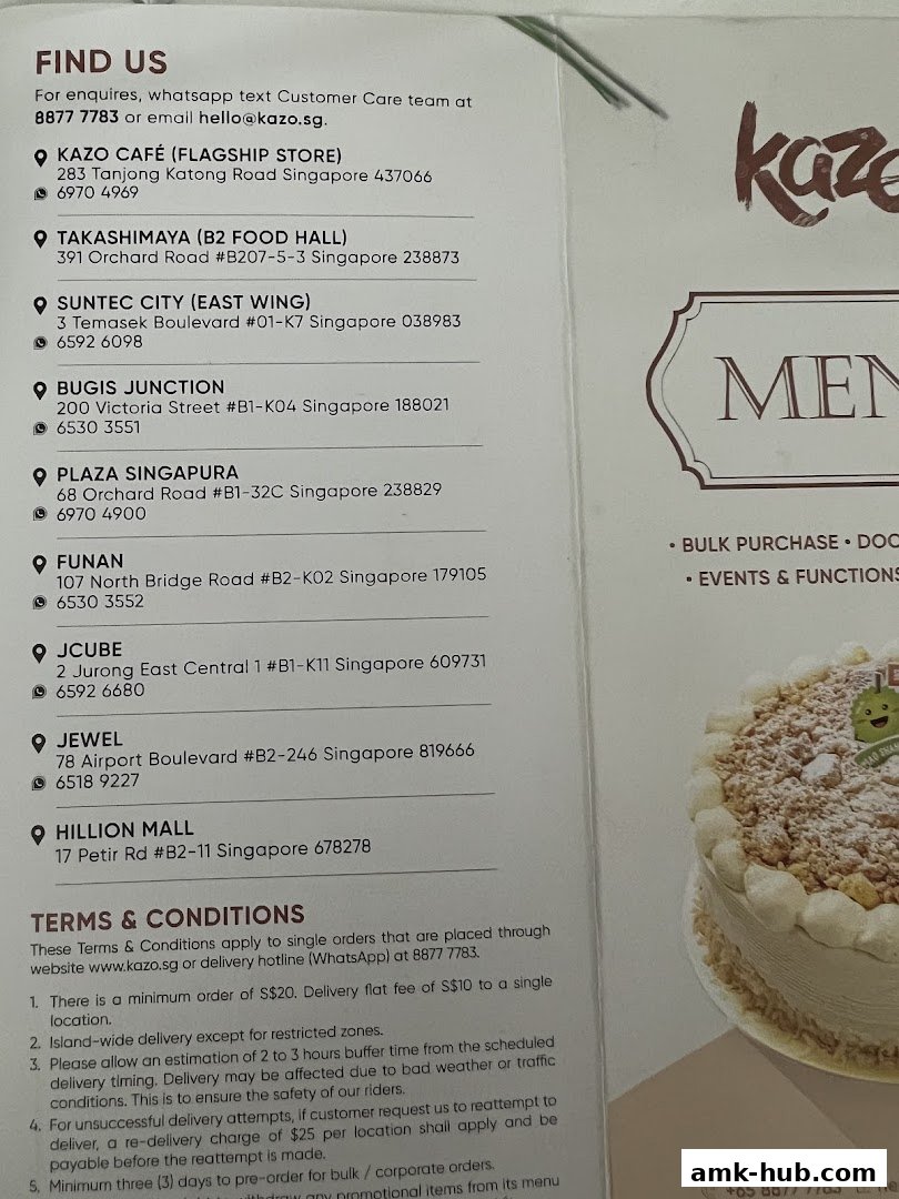 A list of Kazo store locations and terms and conditions, with a cake image.
