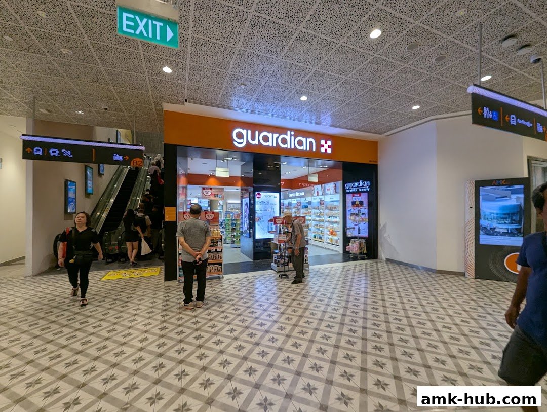 The Guardian Health & Beauty store entrance with products displayed inside and people walking by.