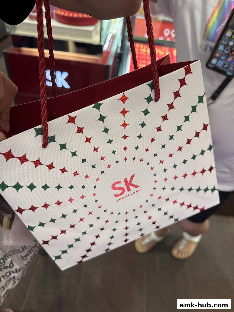A person holds a shopping bag from SK Jewellery with a star pattern.