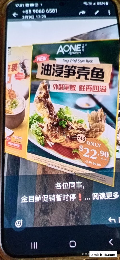 A promotional image for A-One Signature featuring a deep-fried fish dish and a lobster dish.