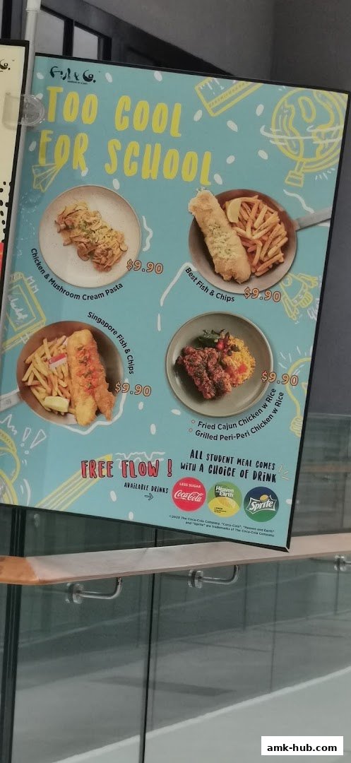 A menu board from Fish Co. featuring student meals and drinks.