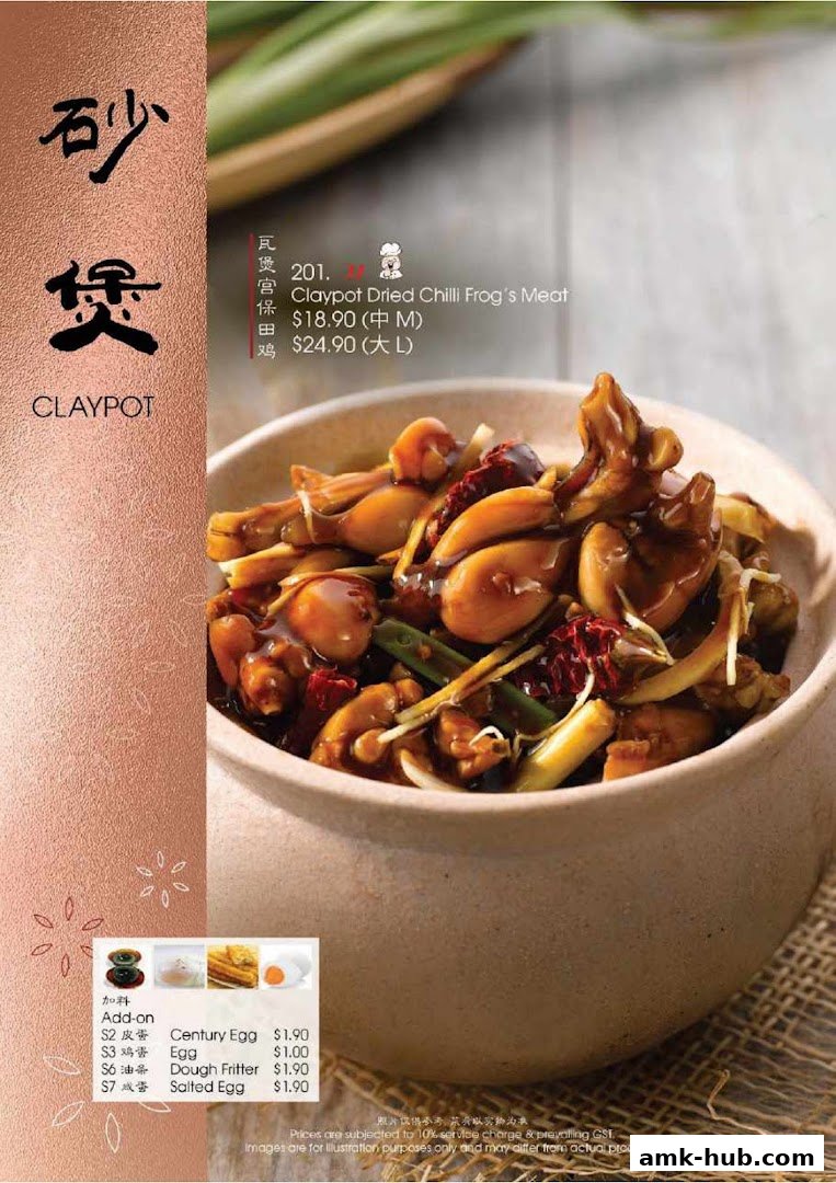 A close-up of a claypot dish with frog meat, accompanied by menu details and add-on options.