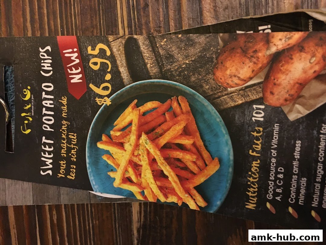 A menu item featuring sweet potato chips with nutritional information and price.