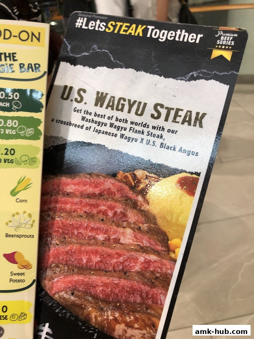 A promotional flyer for Pepper Lunch featuring a U.S. Wagyu Steak and add-on options.