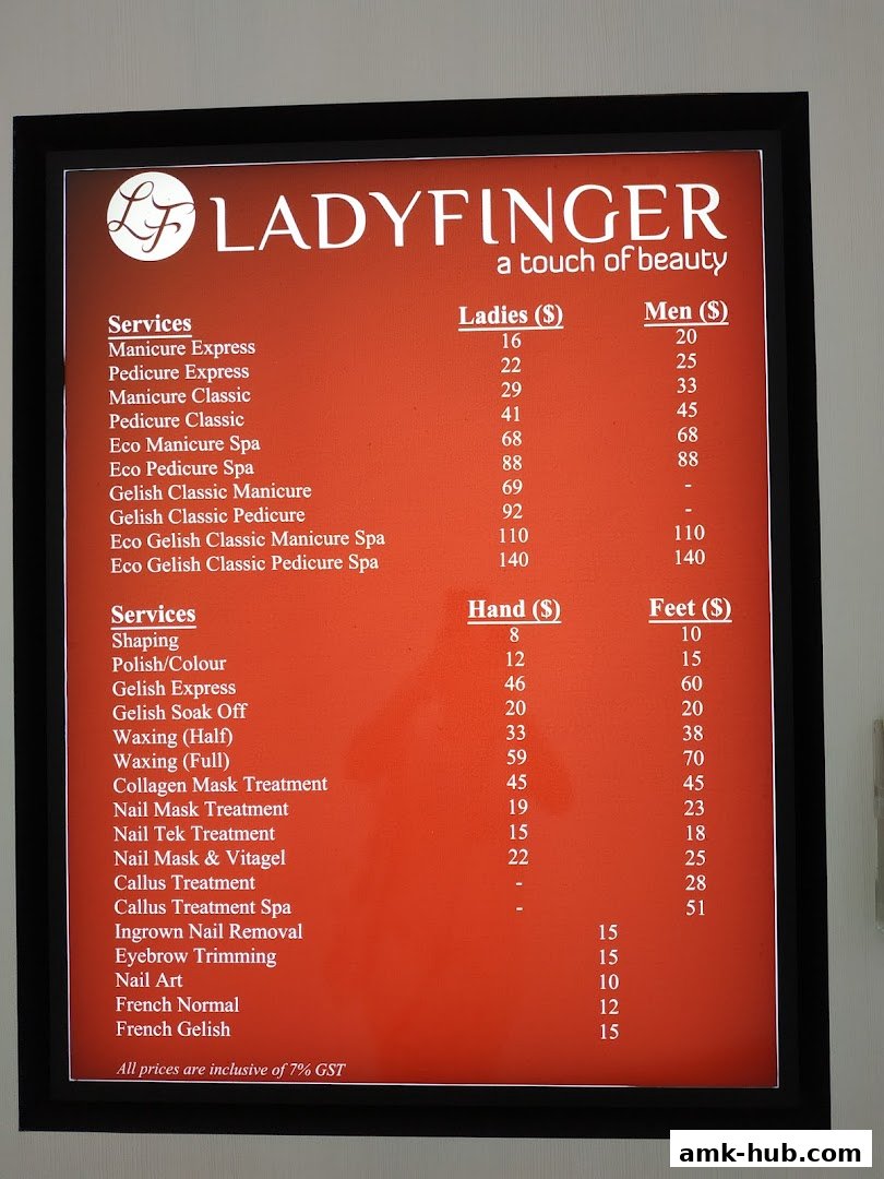 A price list for beauty services offered at Ladyfinger, including manicures, pedicures, and nail treatments.