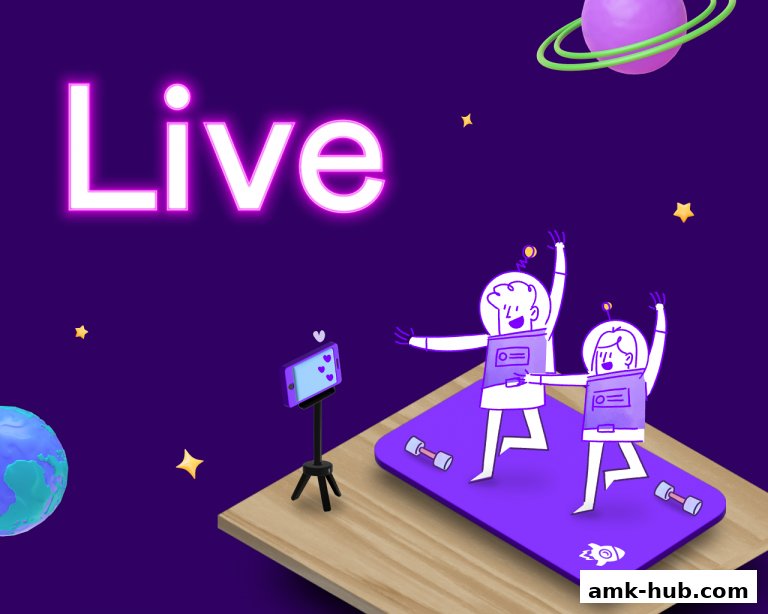 Astronauts exercising on a yoga mat with dumbbells, live streaming on a phone.