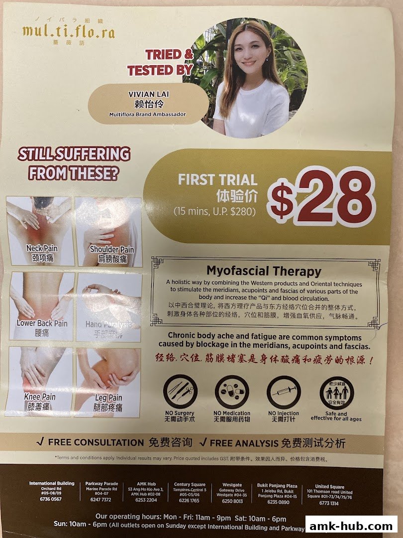 A promotional flyer for Multiflora TCM Spa, highlighting a first trial offer for Myofascial Therapy.