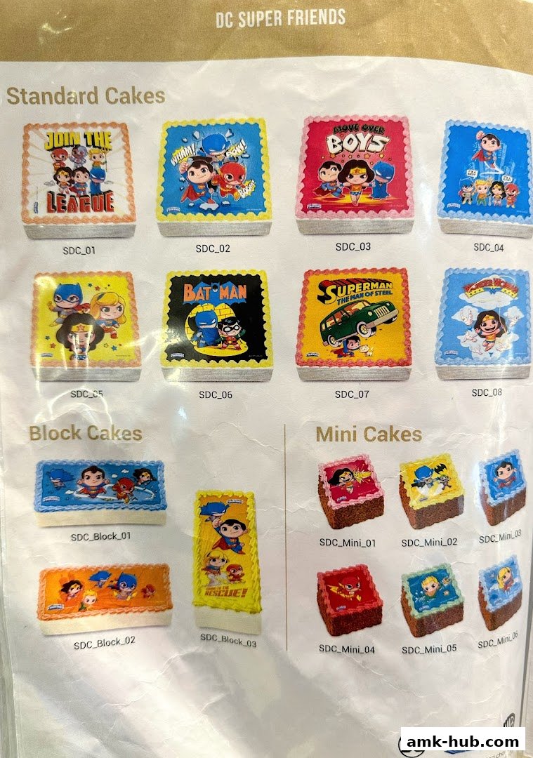 A catalog of DC Super Friends themed cakes, including standard, block, and mini sizes.