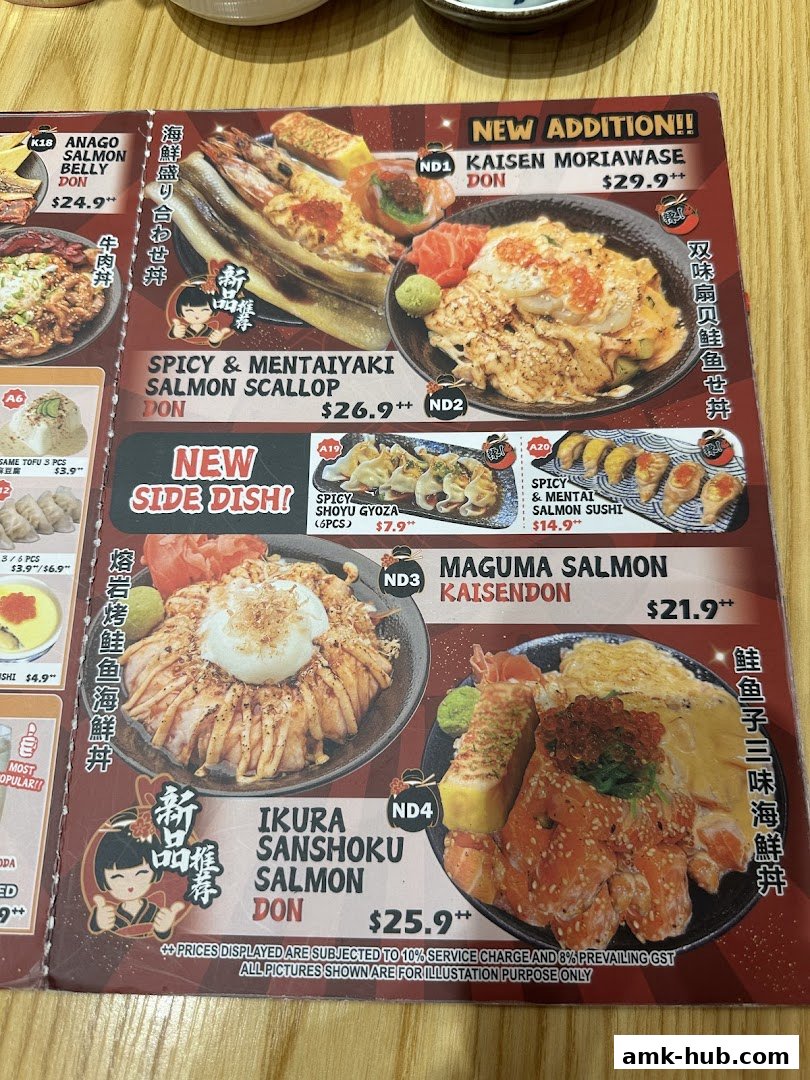 A menu from Kei Kaisendon featuring various salmon donburi and sushi dishes.