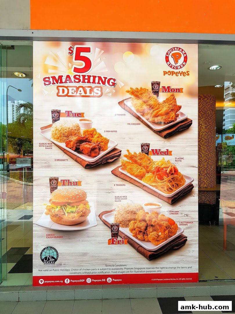 A promotional poster for Popeyes' $5 Smashing Deals, featuring daily meal specials.