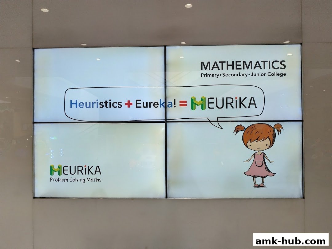 Digital screens display the Heurika Institute of Mathematics logo and educational information.