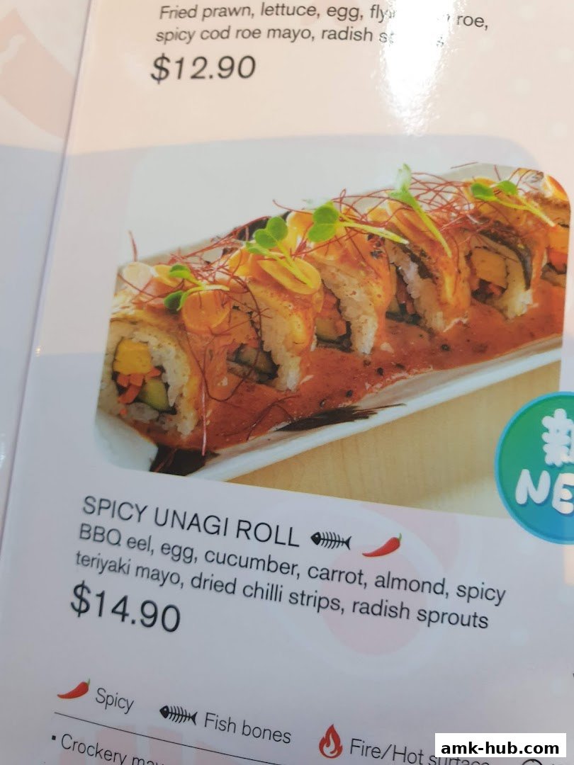 A close-up of a menu item featuring a Spicy Unagi Roll with detailed ingredients and price.