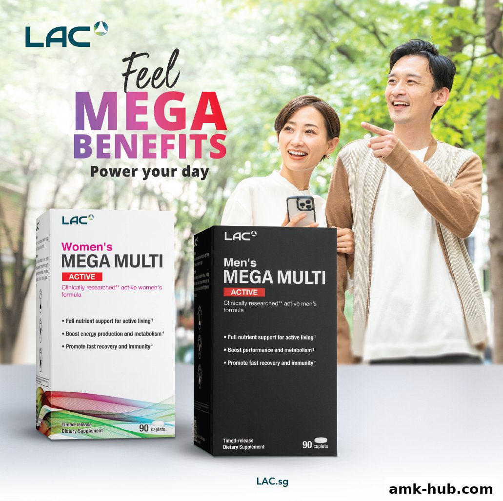A couple smiles while holding LAC Nutrition's Women's and Men's Mega Multi supplements.