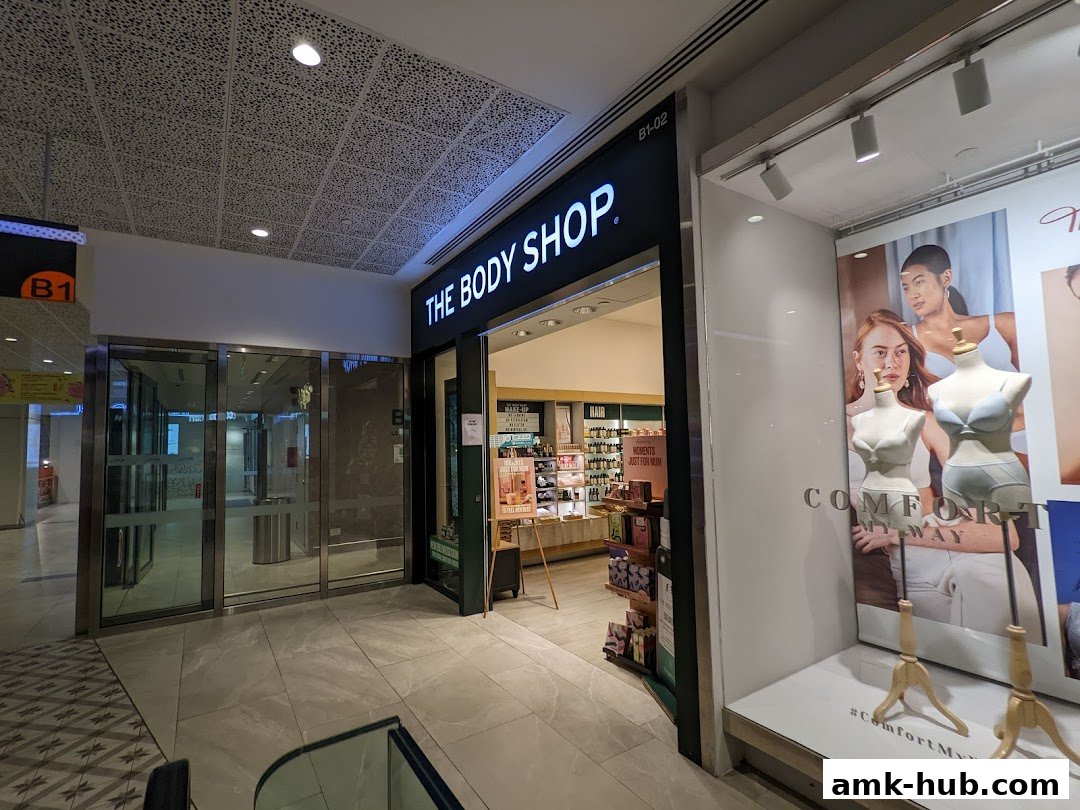 The Body Shop storefront with products displayed inside and a window display featuring mannequins.