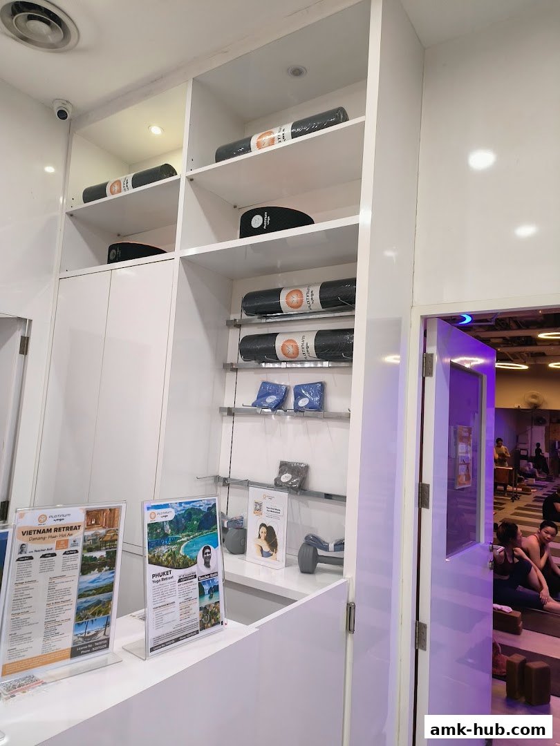 Shelves with yoga mats and merchandise at Platinum Yoga Ang Mo Kio Hub.