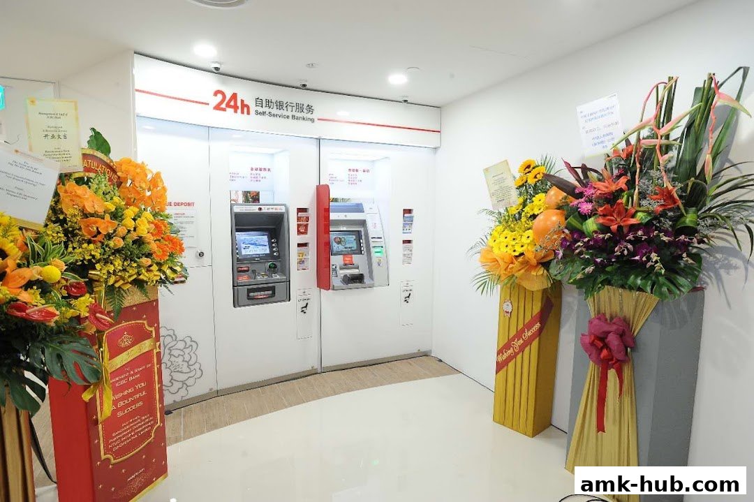 ICBC Ang Mo Kio Sub-Branch with 24h self-service banking and decorative floral arrangements.