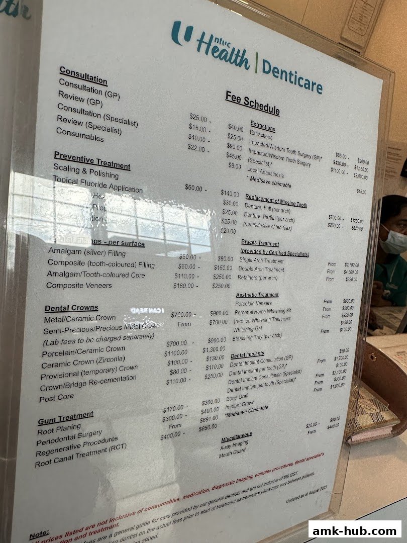 A fee schedule for dental treatments offered by Denticare, listing various services and their prices.