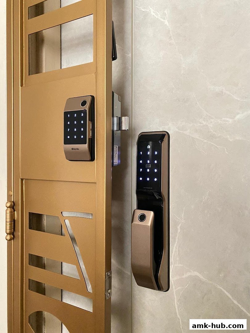 Close-up of two modern digital door locks with keypads and fingerprint scanners.