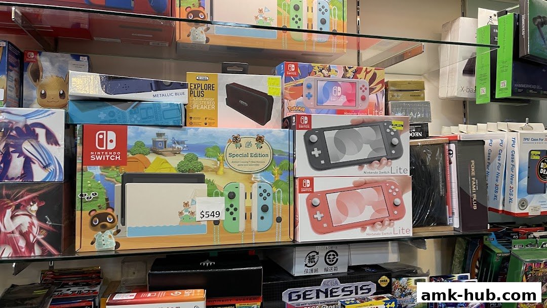 Shelves stocked with Nintendo Switch consoles, games, and accessories, including special editions.