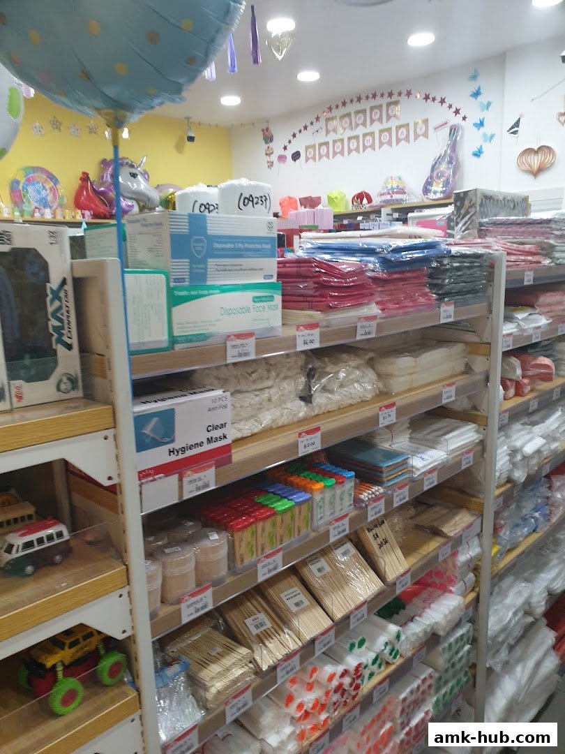 Shelves stocked with party supplies, masks, and various small items.