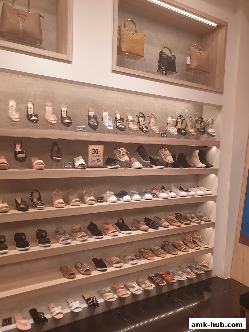 A well-lit display of women's shoes and handbags on multiple shelves.