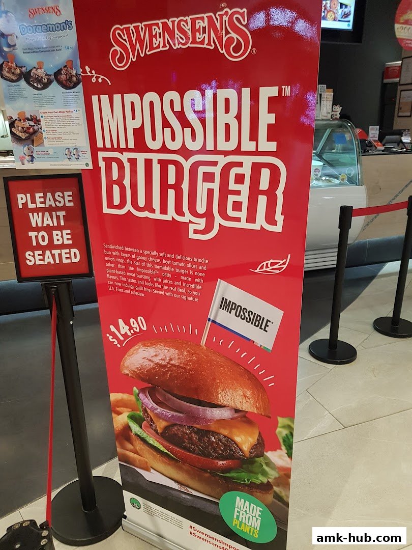 A large red banner advertises Swensen's Impossible Burger with a picture of the burger.