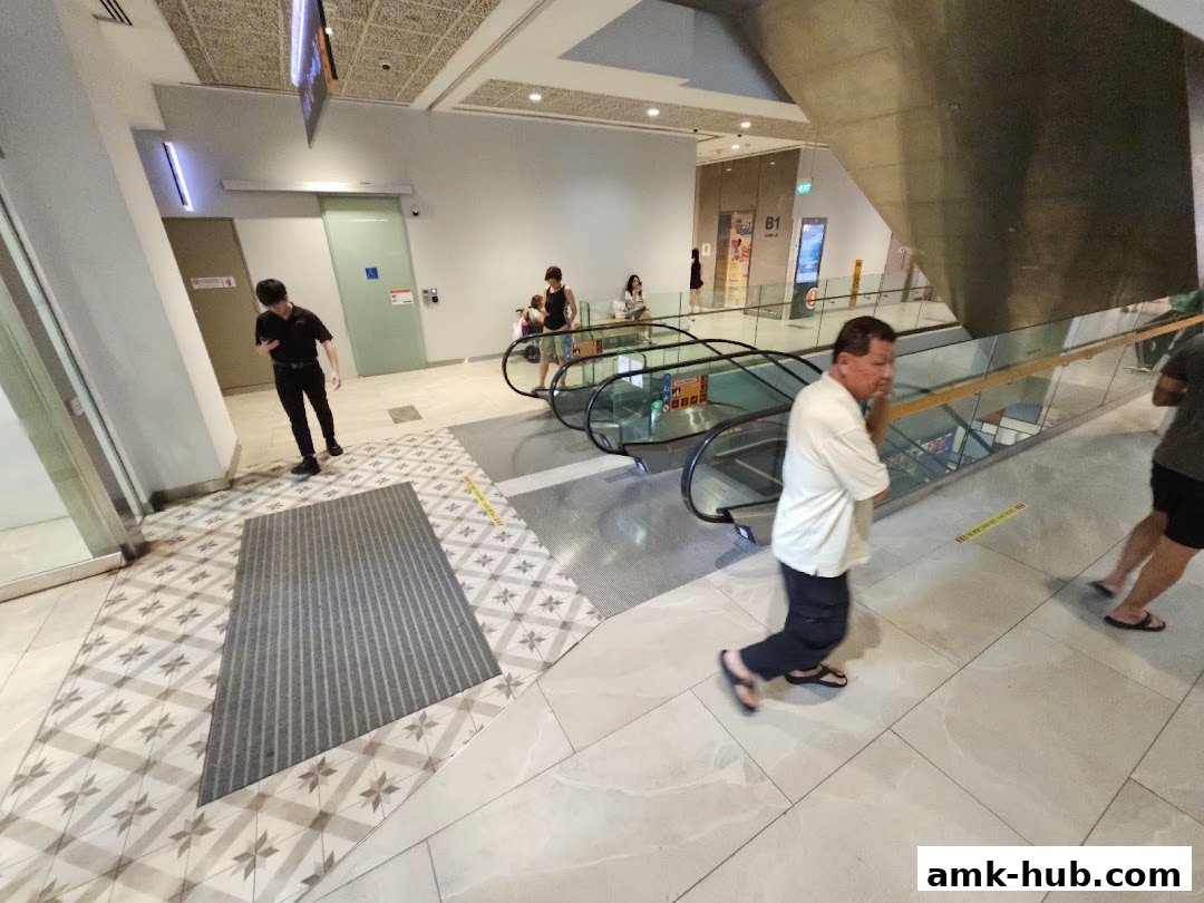 People on escalators in a modern shopping mall with decorative flooring.