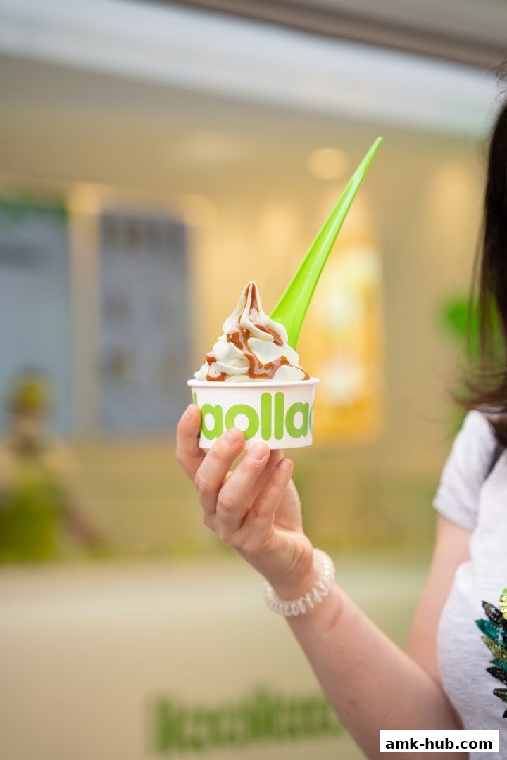 A person holds a cup of llaollao frozen yogurt with caramel sauce and a green spoon.