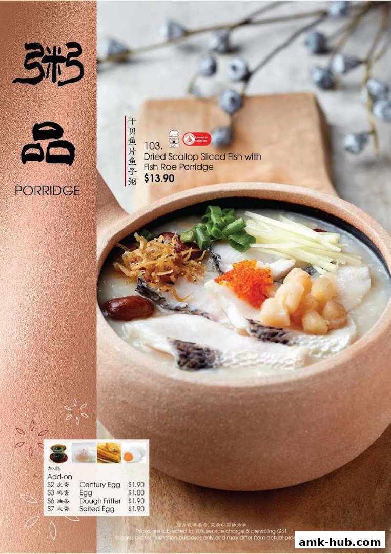 A close-up of a delicious bowl of porridge with various toppings and a side menu.