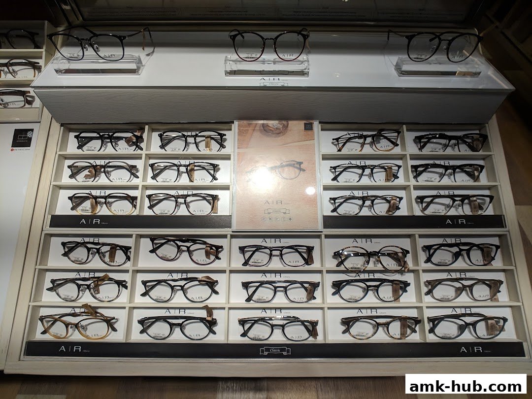A display of various eyeglasses in different styles and colors.
