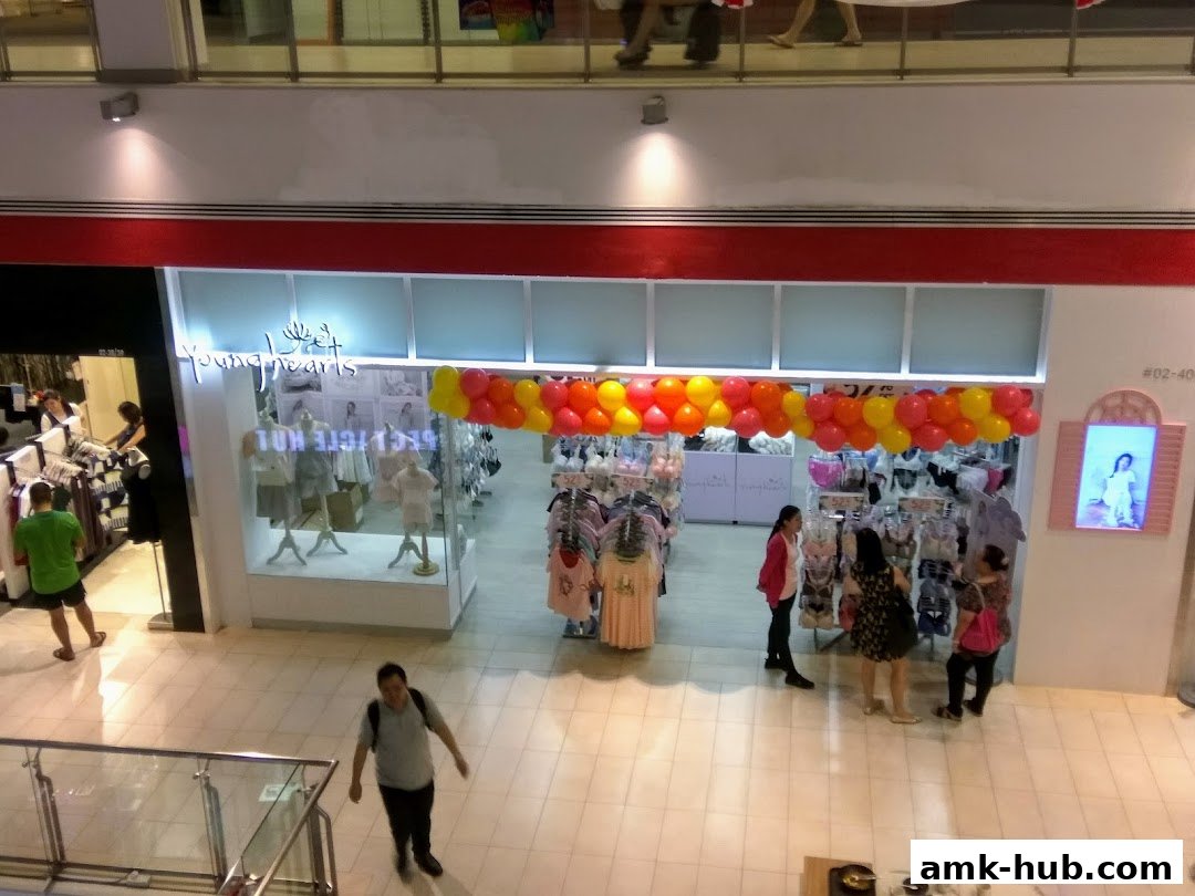 The entrance of the Young Hearts lingerie store at AMK Hub, decorated with balloons.